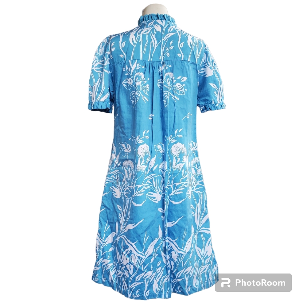 Vintage Ruffle Puff Shoulders Snap Front Pleated 2 Pockets Floral Mumu Dress
